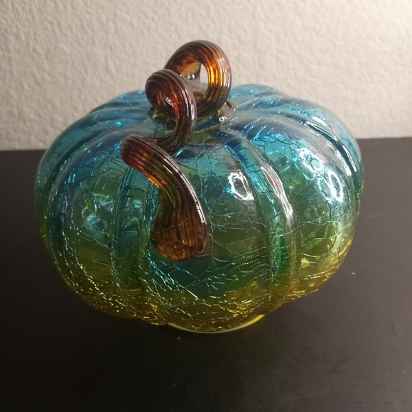 VTG Crackled Blue/Yellow 6" Glass Pumpkin likely Blenko STUNNING. - Picture 5 of 6